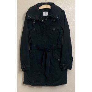 H&M L.O.G.G. Black Trench Coat Full Zip Belted 100% Cotton Knee Length Size 12